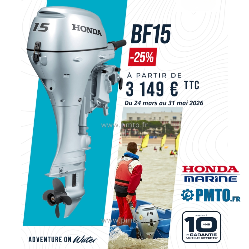 Promotion 2026 sur le moteur Honda BF15 : -25% de remise.